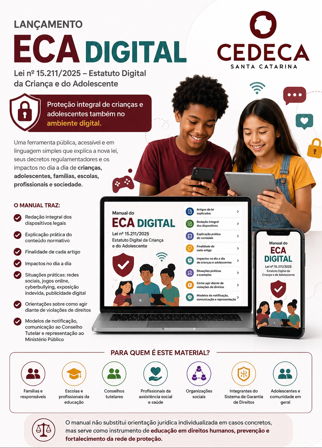 CEDECA/SC lança manual popular sobre o ECA Digital para famílias, escolas e rede de proteção